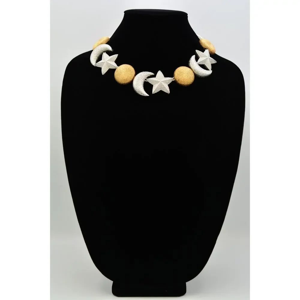 Christian Dior Vintage Celestial Moon Star Statement Necklace Silver Gold Chunky